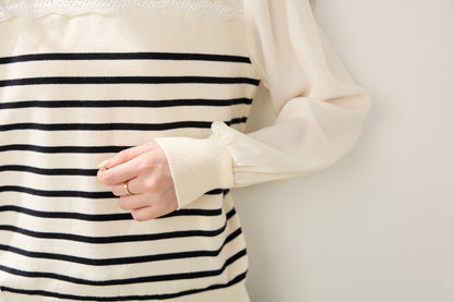 Ivory Striped Lace-Detail Knit Sweater with Chiffon Sleeves