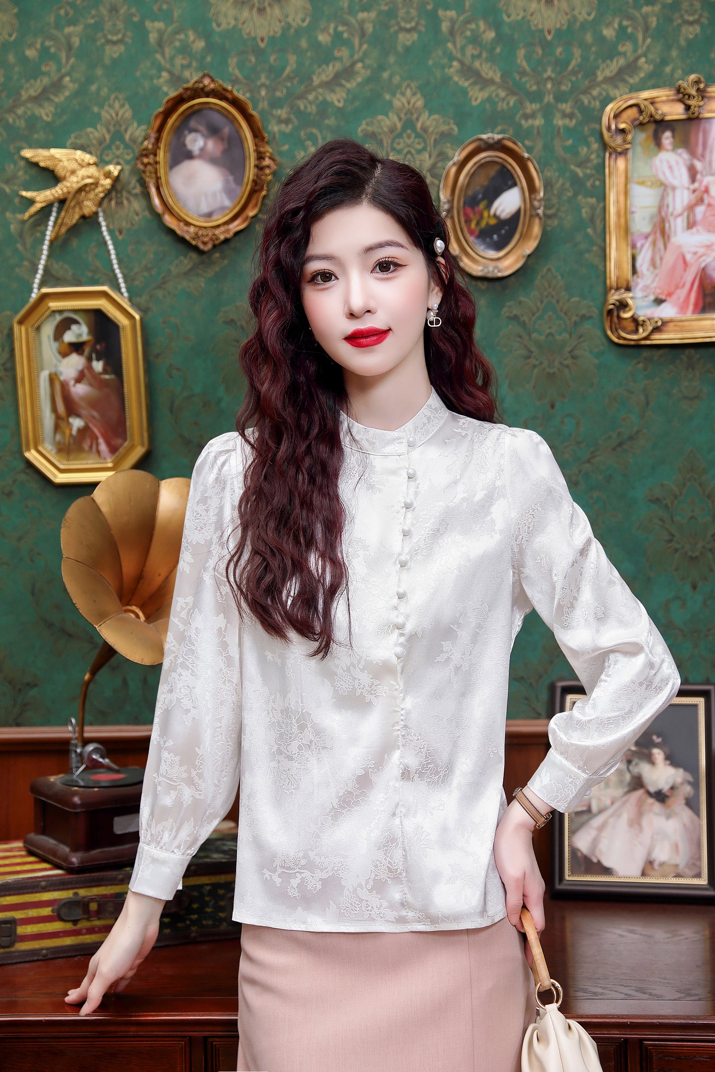 Women's Silk Satin Jacquard Long Sleeve Blouses