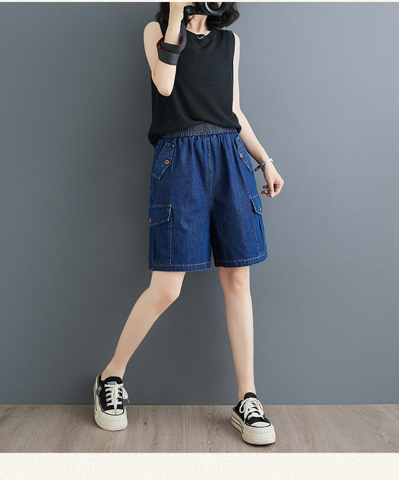 Women's High Waisted Baggy Jean Wide Leg Denim Shorts - LAI MENG FIVE CATS
