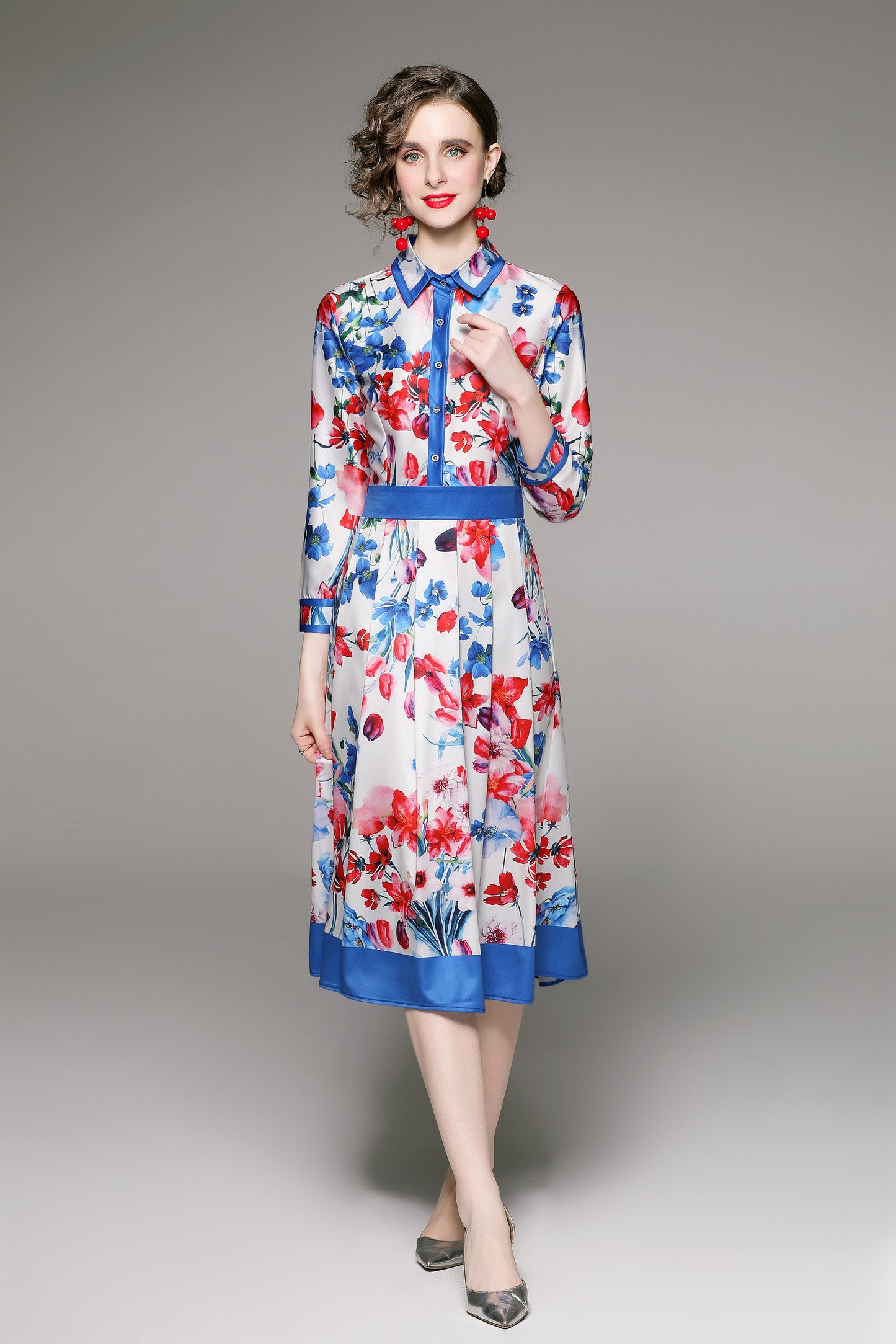 FSY-Women's Floral Print Button A-line Flowy Midi Dress