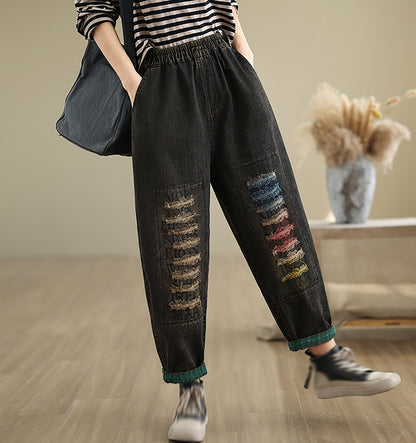 Women Loose Jeans Denim Pants Elastic Waist