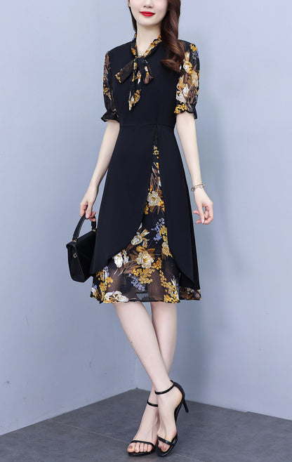 Women's Tie V-Neck Short Sleeve A-line Midi Dress