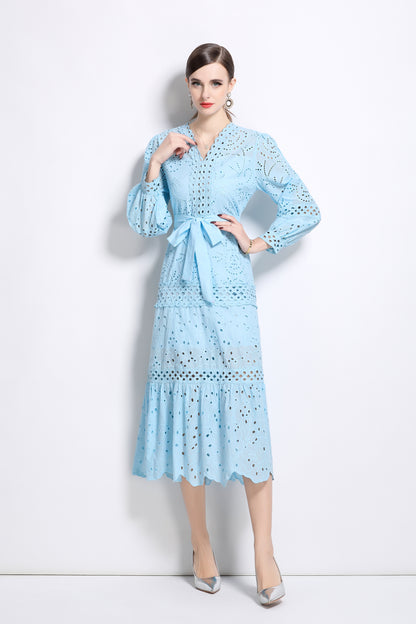 V-Neck Puff Sleeves Hollow Lace Midi Dress