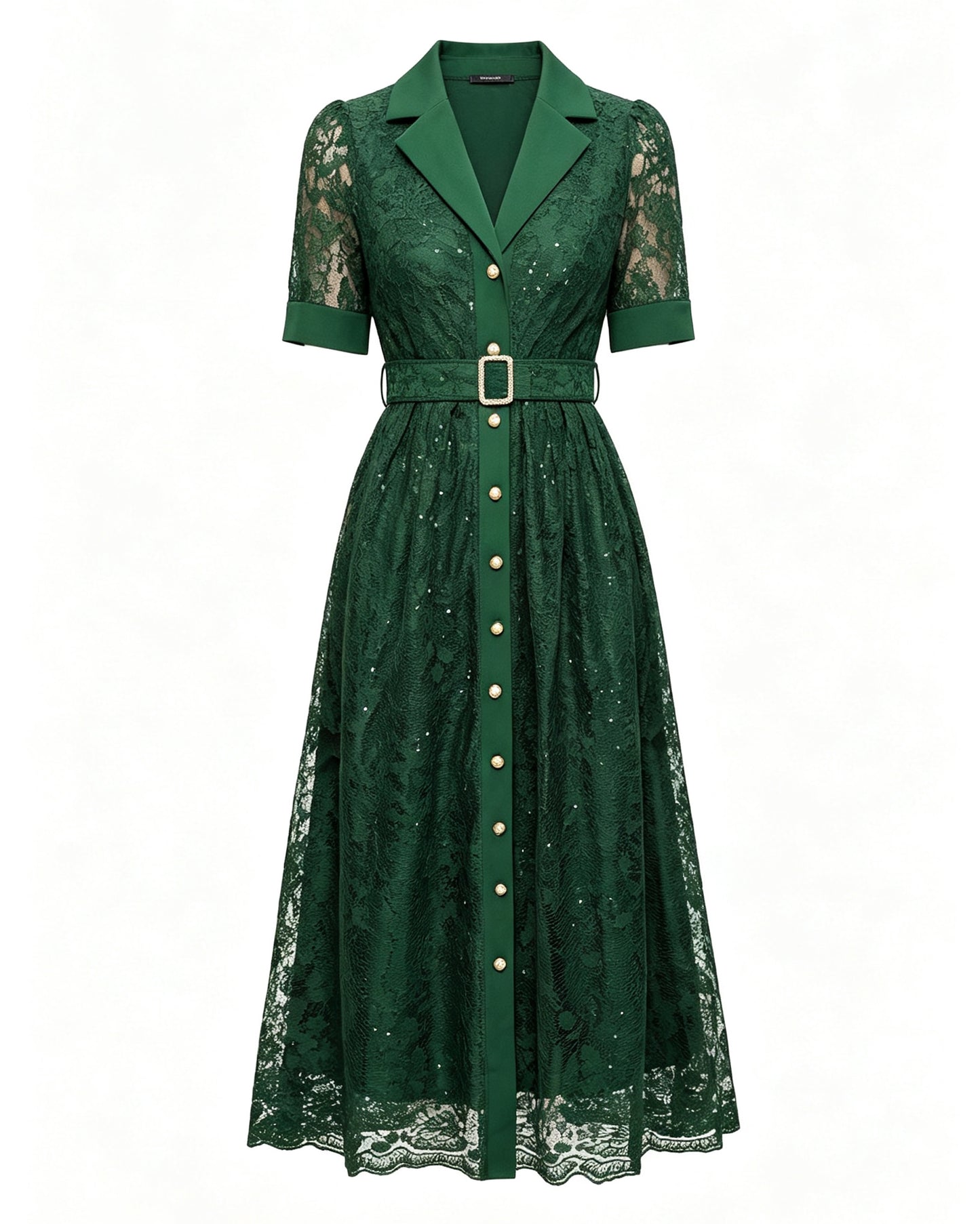 V Neack Lace Midi Dress with Belt