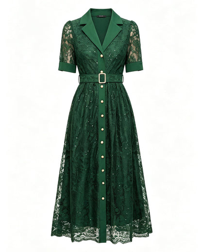 V Neack Lace Midi Dress with Belt