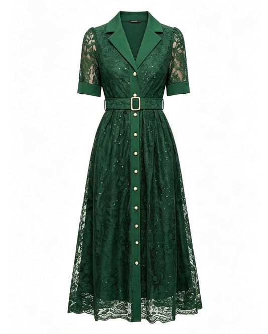 V Neack Lace Midi Dress with Belt
