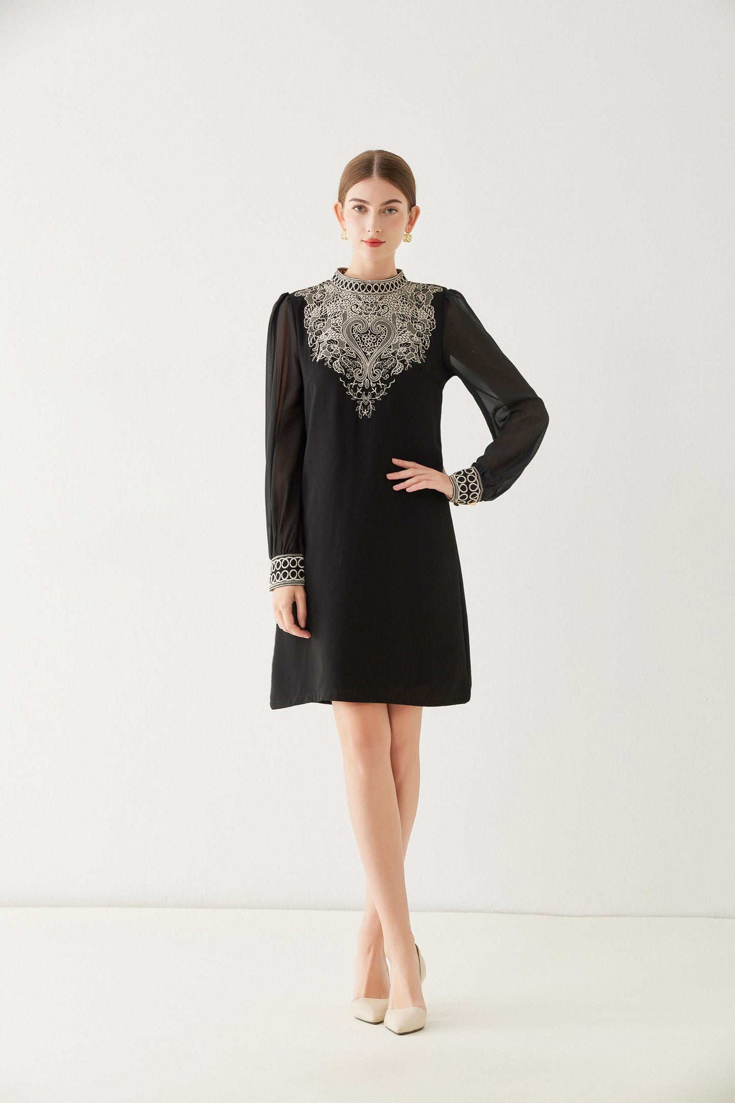 FSY-Women's Embroidered Floral Chiffon Round Neck Mini Dress