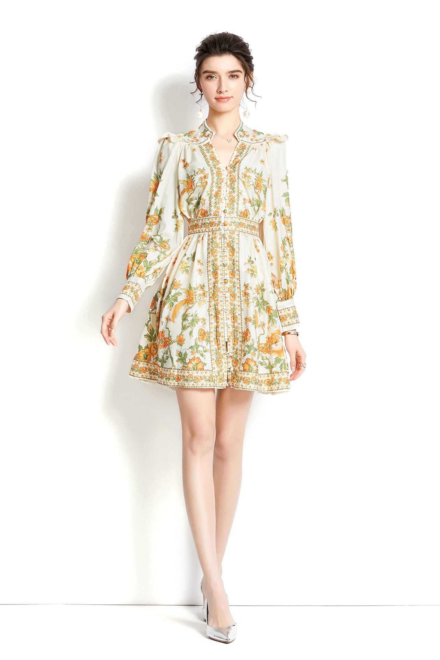 Women's Floral Print Button up Lantern Sleeve Casual A-line Mini Dress