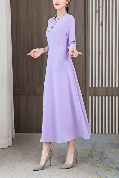 Vintage Hight Neck Cheongsam Embroidery Casual Dress