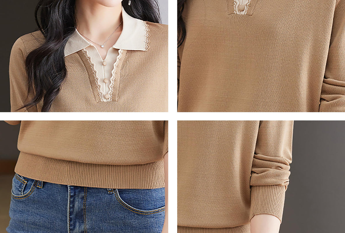 Women's Vintage Knit Top – Contrast Collar & Scalloped V-Neck