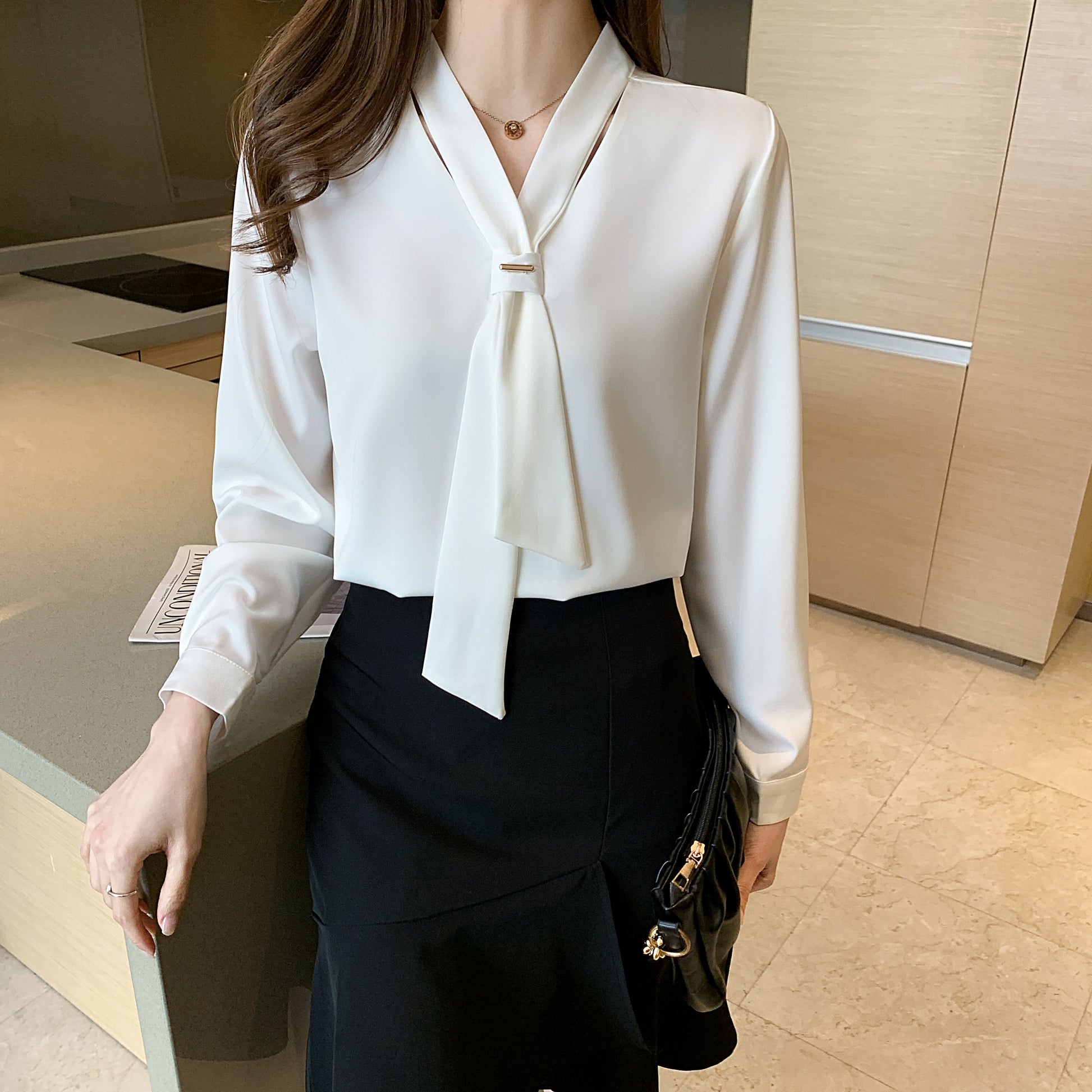 Women's Silk Satin Shirt Tie Neck Long Sleeve Blouse - LAI MENG FIVE CATS