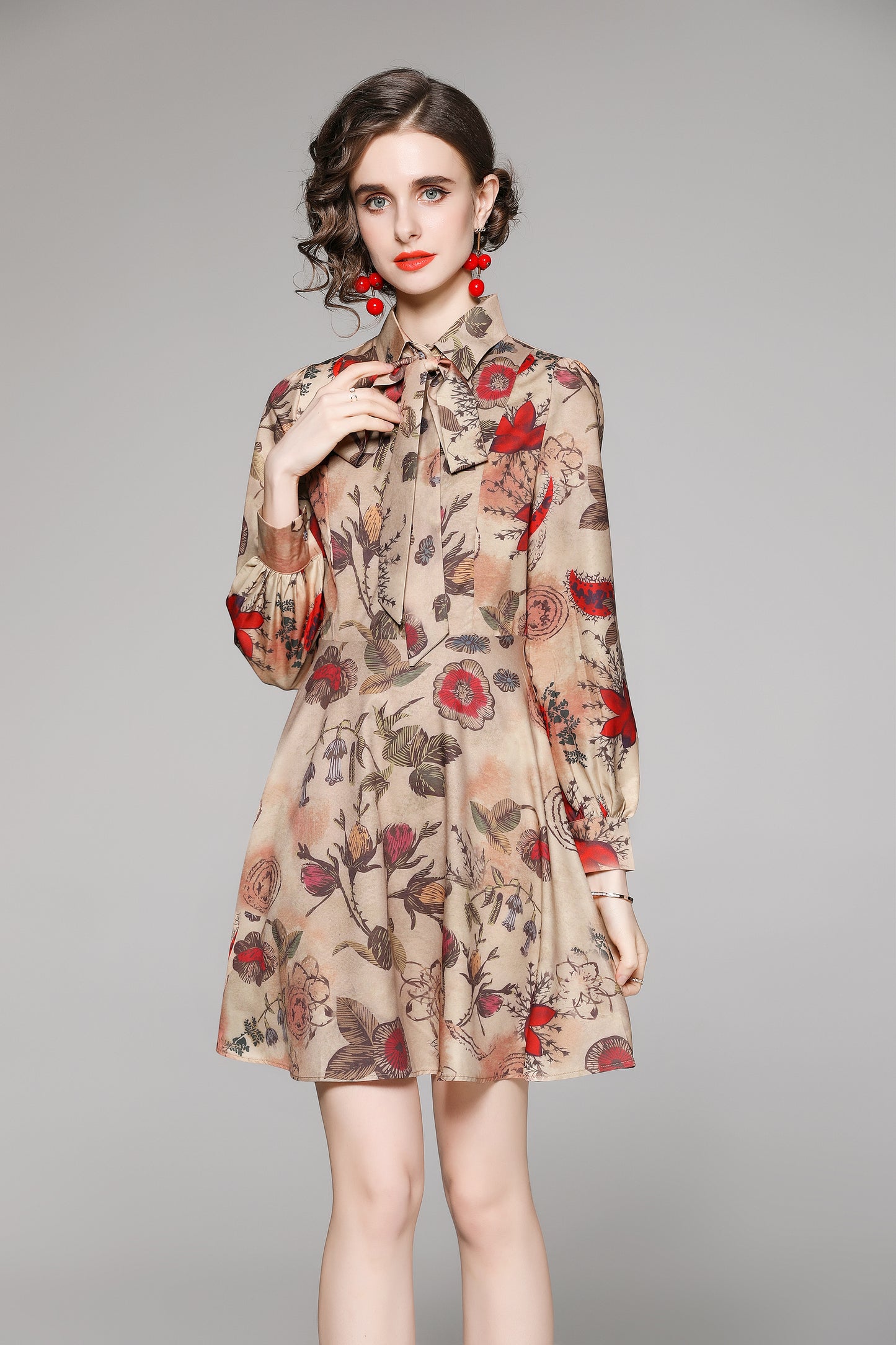 SSY-Women's Floral Print Tie Collar Puff Sleeve Button Mini Dress