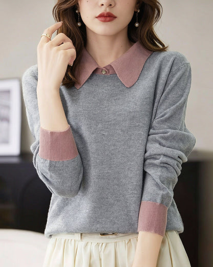 Contrast Collar Knit Sweater – Vintage Long Sleeve Pullover Top