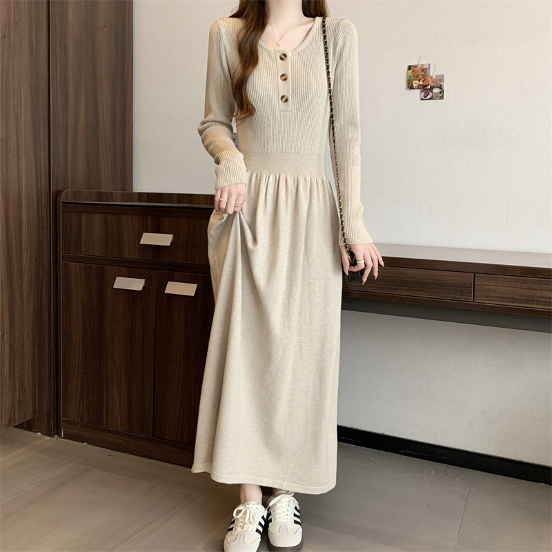 Women's Long Sleeve Button A Line Ribbed Knit Maxi Dress
