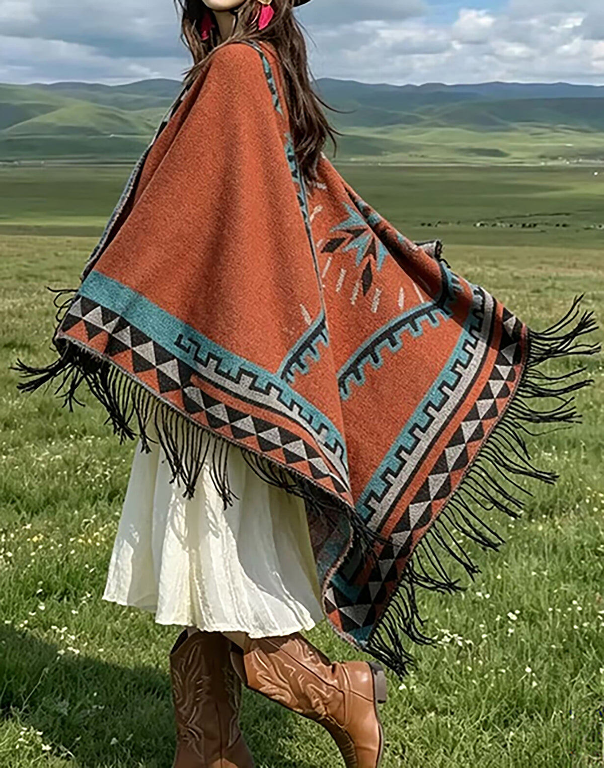 28690-Women's Printed Fringe Travel Shawl – Rust & Teal - LAI MENG FIVE CATS