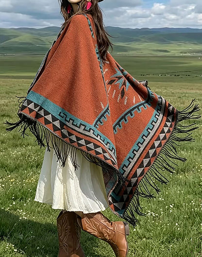 28690-Women's Printed Fringe Travel Shawl – Rust & Teal - LAI MENG FIVE CATS