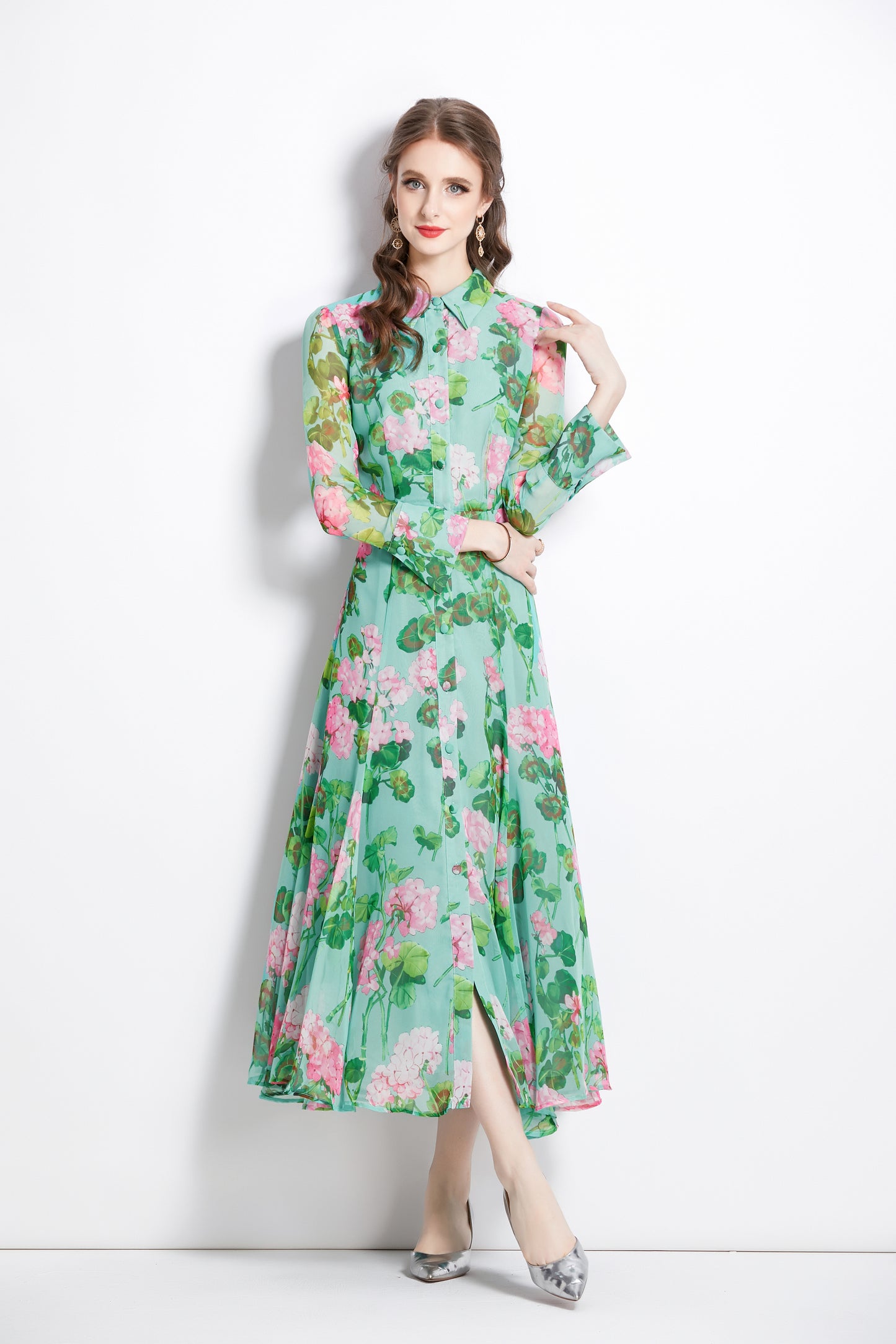 Women's Floral Print Button Up Split Maxi Dress