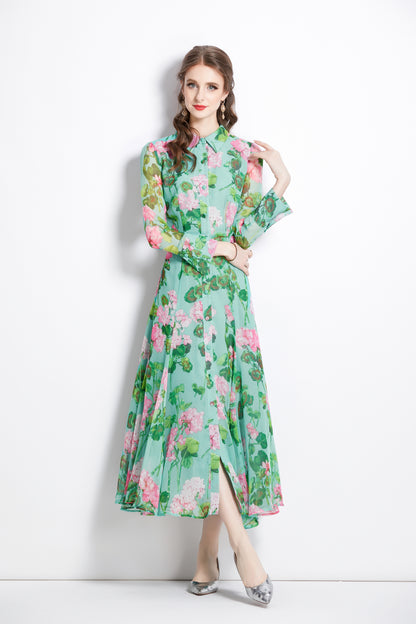Women's Floral Print Button Up Split Maxi Dress