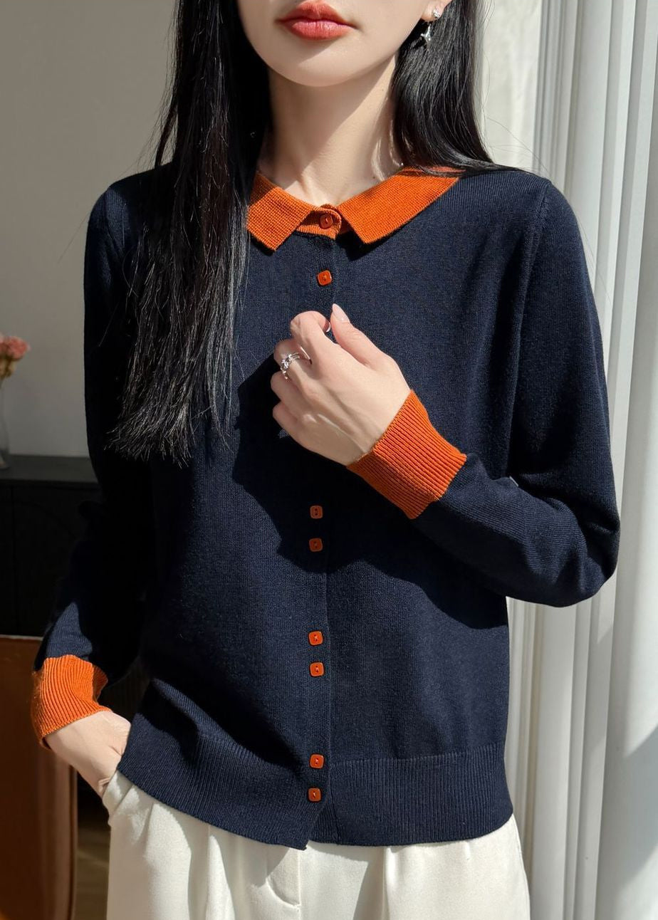 Contrast Collar Knit Cardigan – Two-Tone Polo Button-Up Sweater