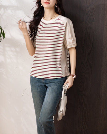 Women's Stripe Short Sleeve Patchwork Blouse