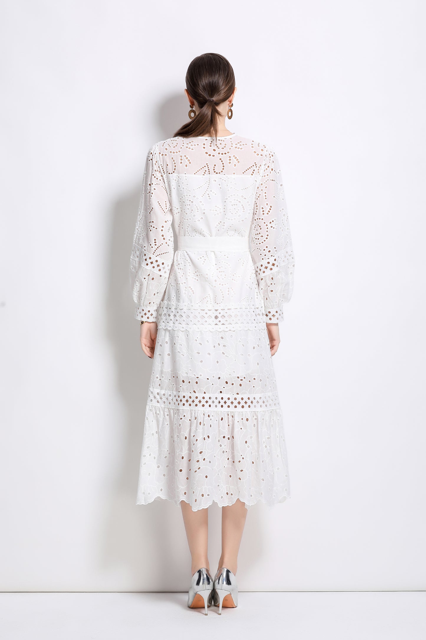 V-Neck Puff Sleeves Hollow Lace Midi Dress