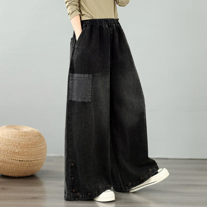 28667-Vintage Denim Wide-Leg Pants with Buttons Trim & Patch Pockets