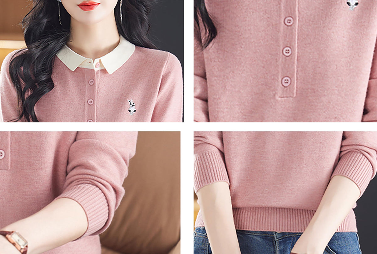 Polo Layered Knit Top with Bunny Embroidery & Contrast Collar