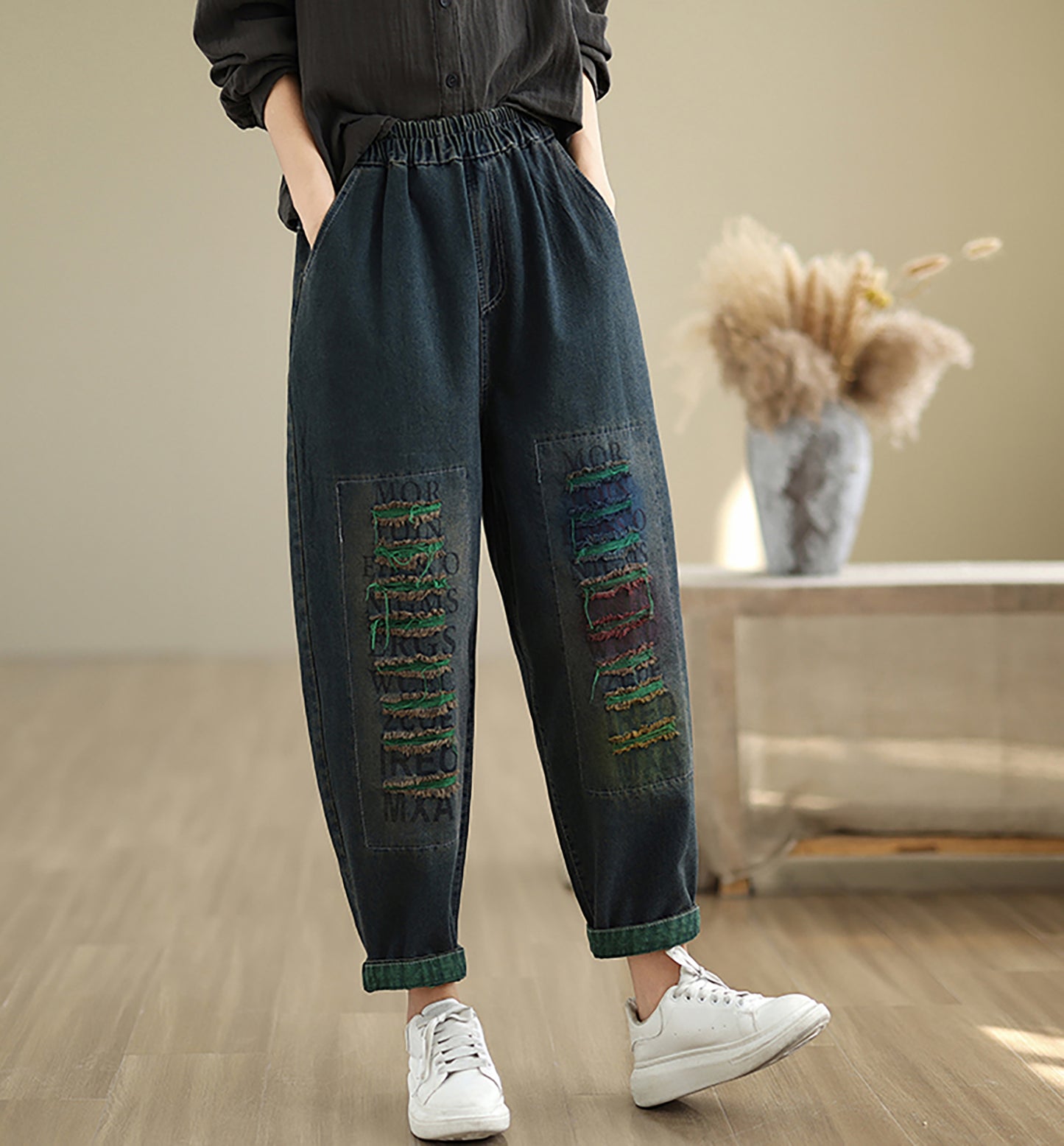 Women Loose Jeans Denim Pants Elastic Waist