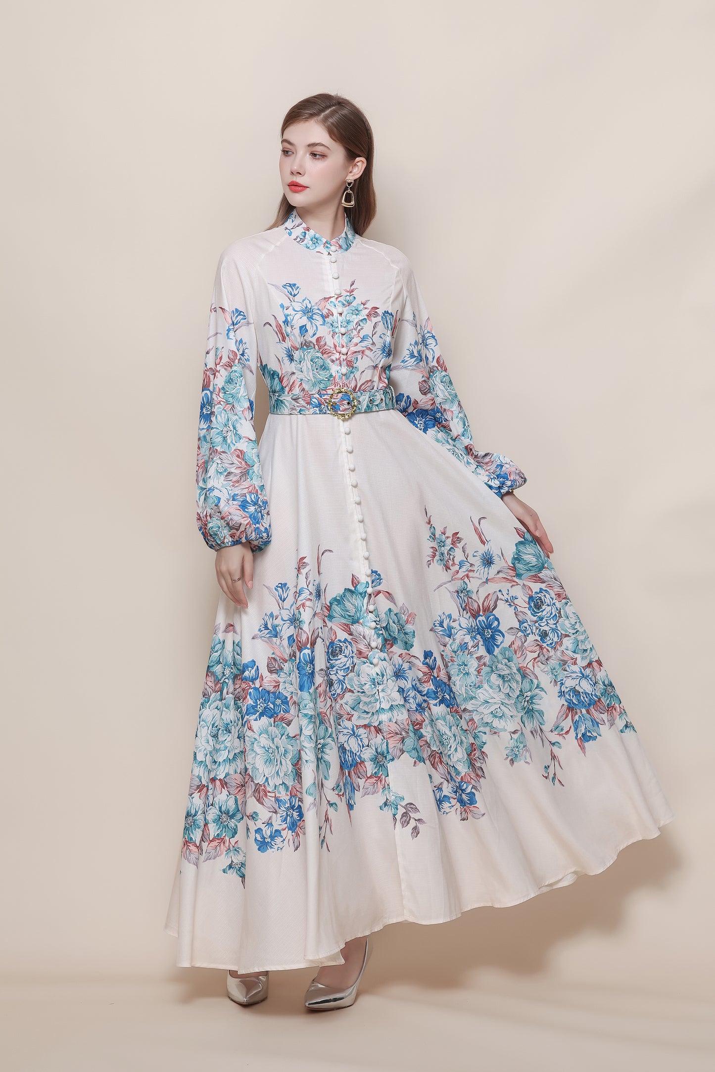 26-Women's Floral Print Puff Sleeve Button Maxi Dress - LAI MENG FIVE CATS