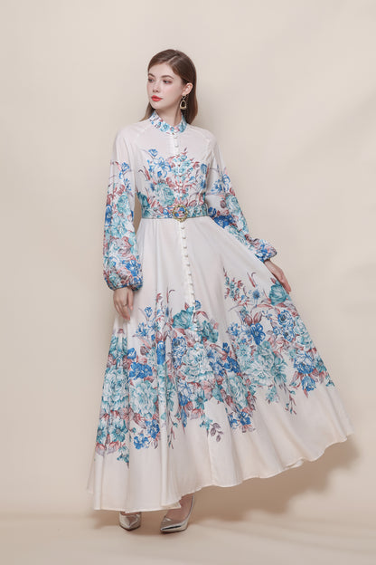 26-Women's Floral Print Puff Sleeve Button Maxi Dress - LAI MENG FIVE CATS
