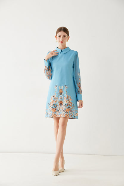 SSY-Women's Floral Chiffon Long Sleeve Mini Dress