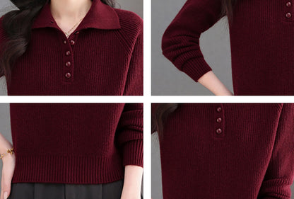 Women's Ribbed Knit Polo Top — Soft Button-Front Sweater