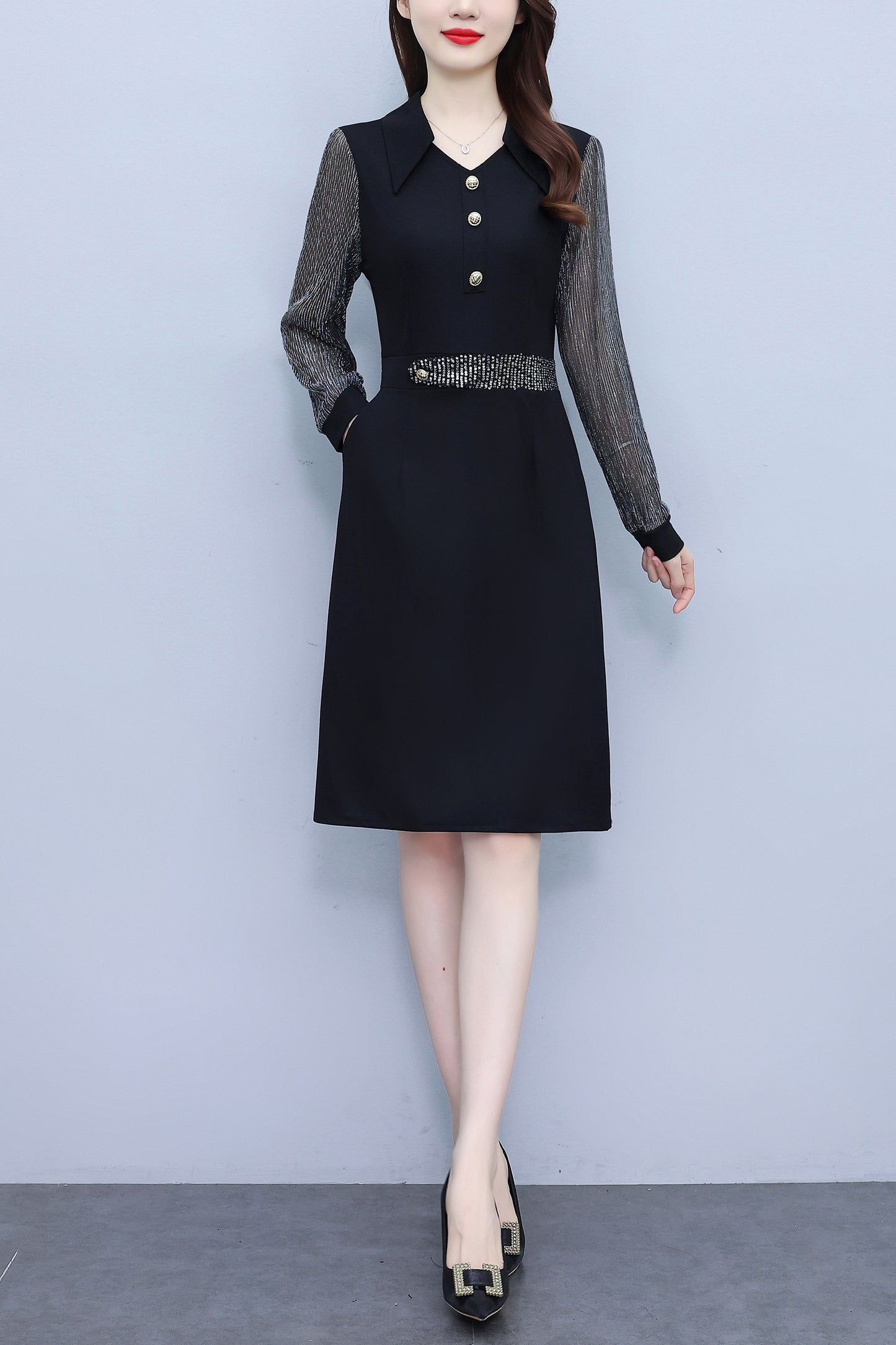 Women's V-Neck Long Sleeve with Pockets Black Dress