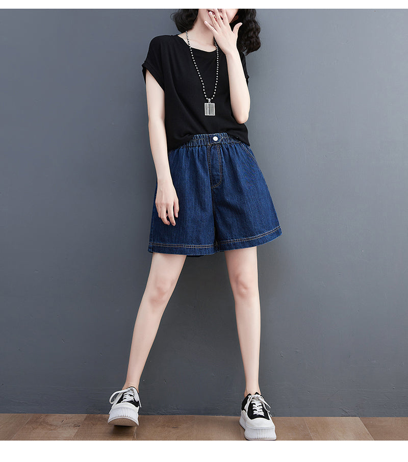 Women's High Waisted Baggy Jean Wide Leg Denim Shorts - LAI MENG FIVE CATS