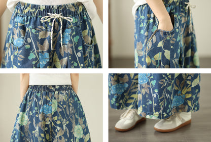 Women's Wide Leg Jeans Baggy Floral  Wasited Elastic Pants - LAI MENG FIVE CATS