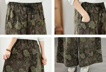 Boho Style Loose Fit Drawstring Floral Wide-Leg Denim Pants