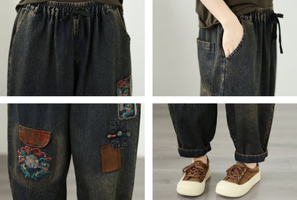 Retro Boho Patchwork Floral Print Denim Harem Pants
