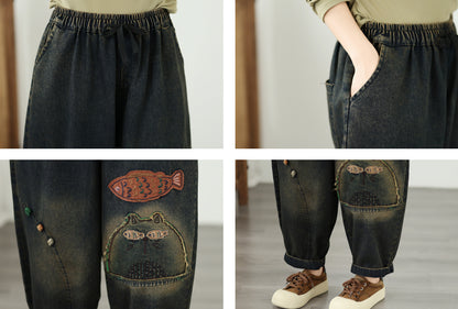 Vintage Denim Harem Pants with Fish Embroidery