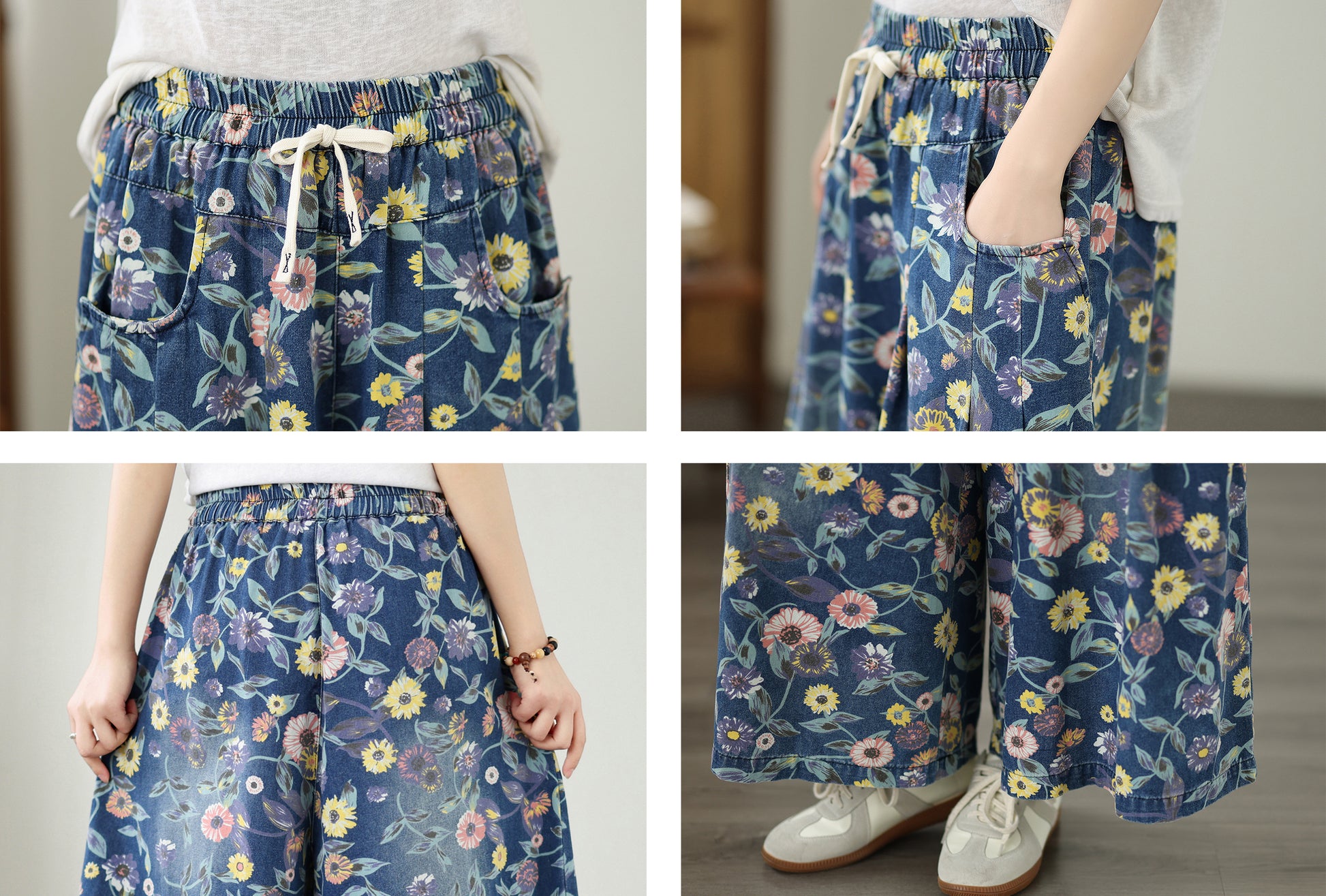 Women's Wide Leg Jeans Baggy Floral Wasited Elastic Pants - LAI MENG FIVE CATS