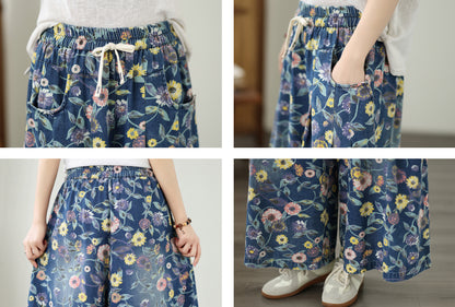 Women's Wide Leg Jeans Baggy Floral Wasited Elastic Pants - LAI MENG FIVE CATS