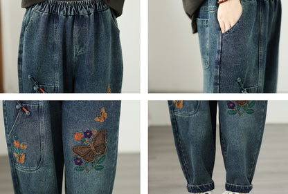 Vintage Embroidered Denim Harem Pants with Elastic Waist
