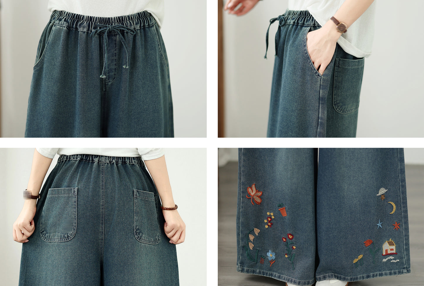 Vintage Embroidered Wide-Leg Jeans with Elastic Waist