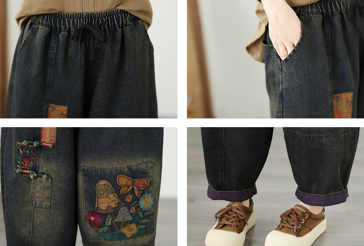 Retro Patchwork Embroidered Denim Jeans – Loose Fit & Elastic Waist.