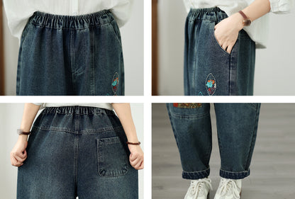 Vintage Embroidered Denim Harem Pants Ethnic Loose Fit Boyfriend Jeans