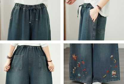 Vintage Embroidered Wide-Leg Jeans with Elastic Waist