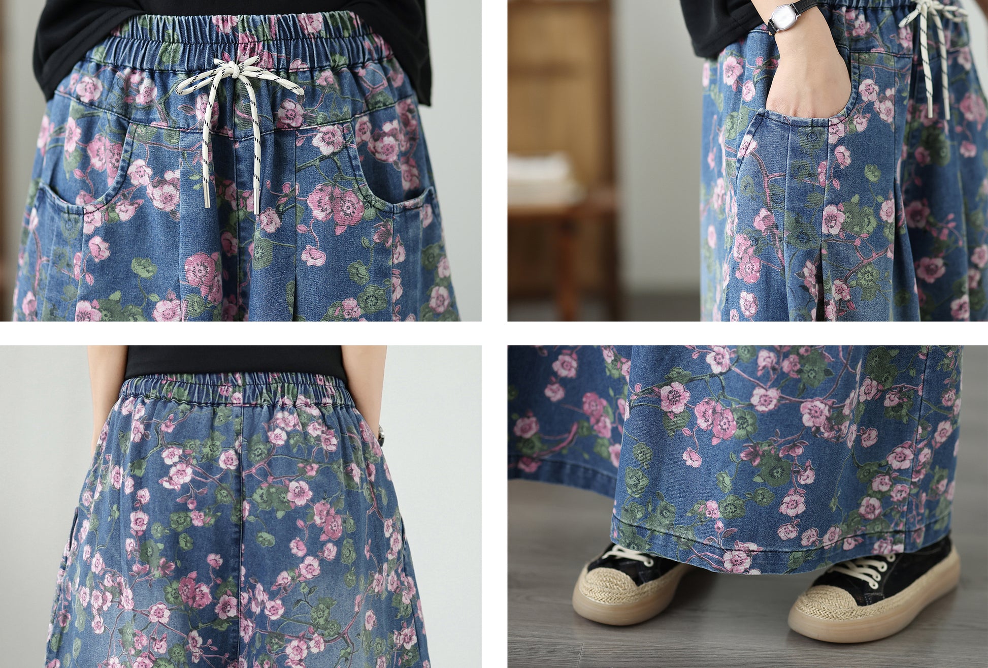 Women's Wide Leg Jeans Baggy Floral Wasited Elastic Pants - LAI MENG FIVE CATS