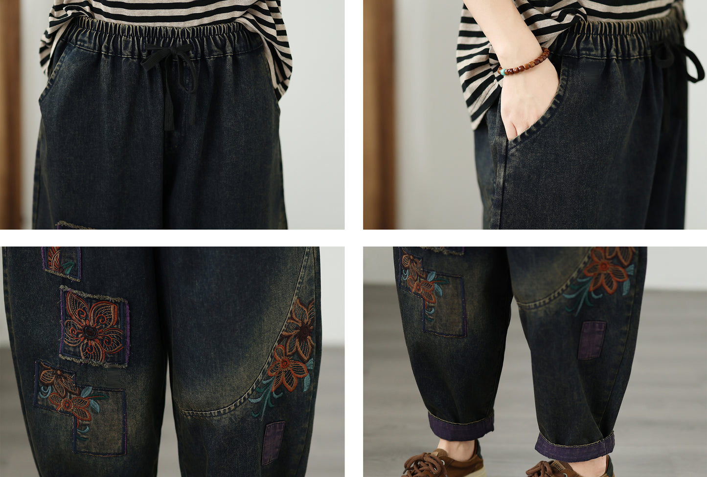 Vintage Embroidered Baggy Jeans Denim Harem Pants