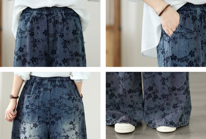 Vintage Floral Print Denim Wide-Leg Pants Wide-Leg Jeans