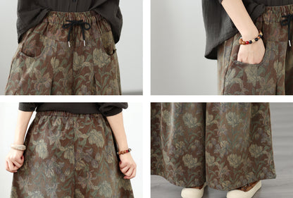 Women's Vintage Floral Print  Drawstring Wide Leg Jeans