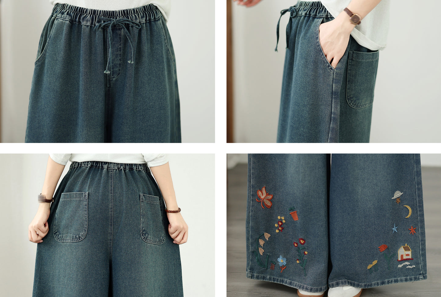 Vintage Embroidered Wide-Leg Jeans with Elastic Waist